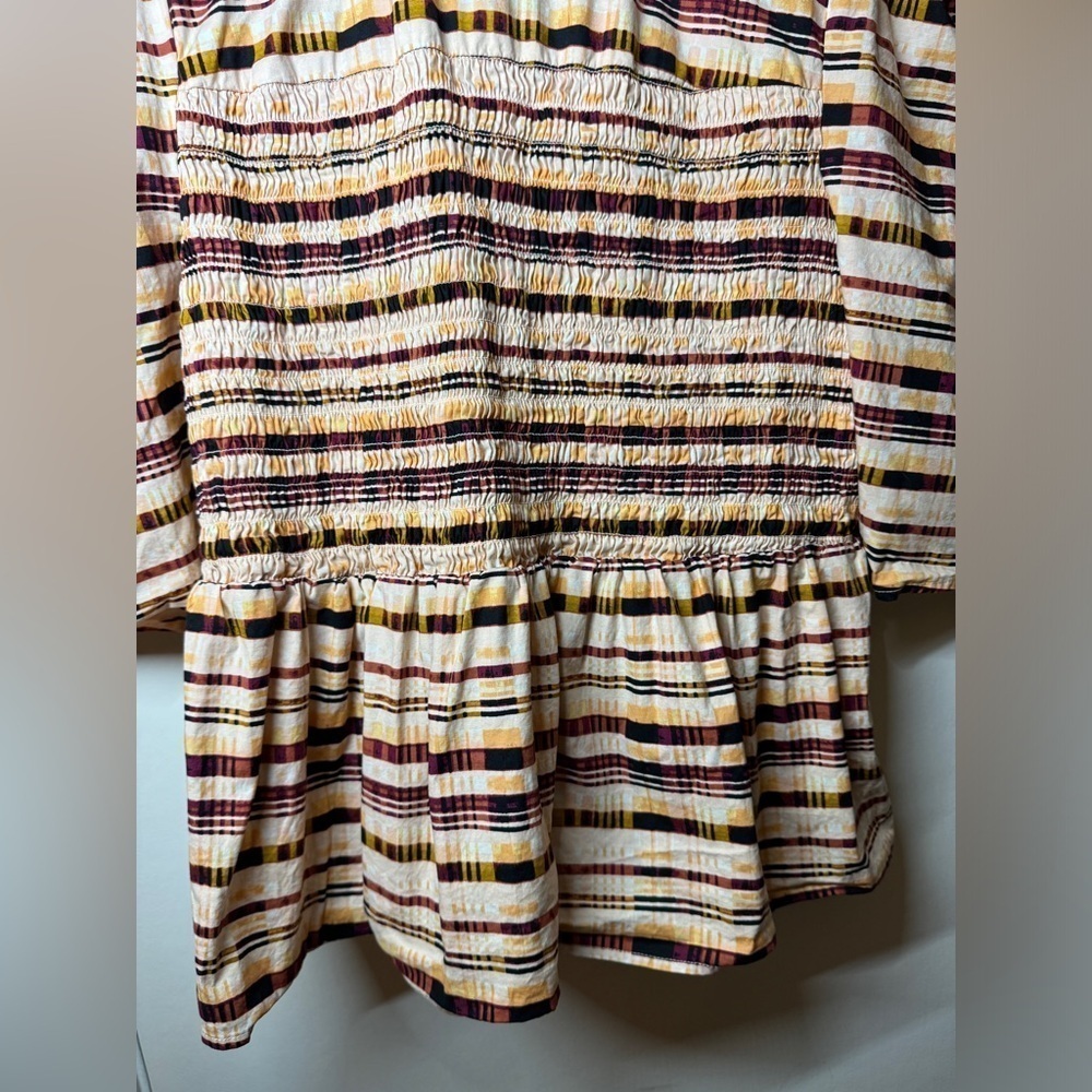 Eloquii Elements Plaid Short Puff Sleeves Peplum Smocked Cream Black Blouse 22 - Picture 8 of 16